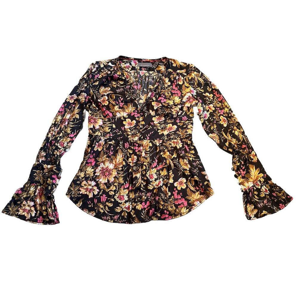 ANTHROPOLOGIE Deep V-Neck Floral Button Front Floral Tunic Blouse Sz M